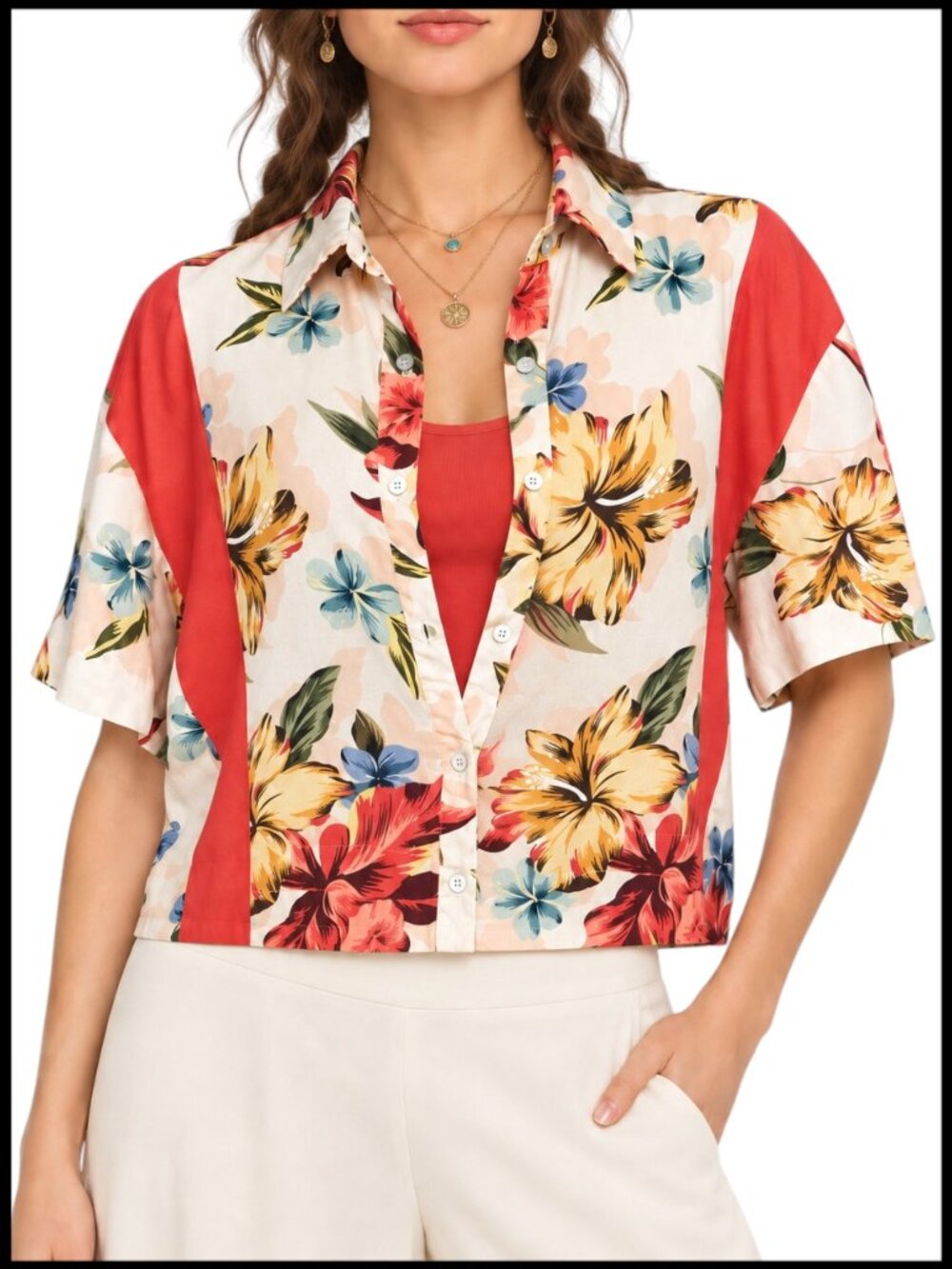 FARM Rio Red Cream Tropical Floral Cropped Button-Down Shirt M